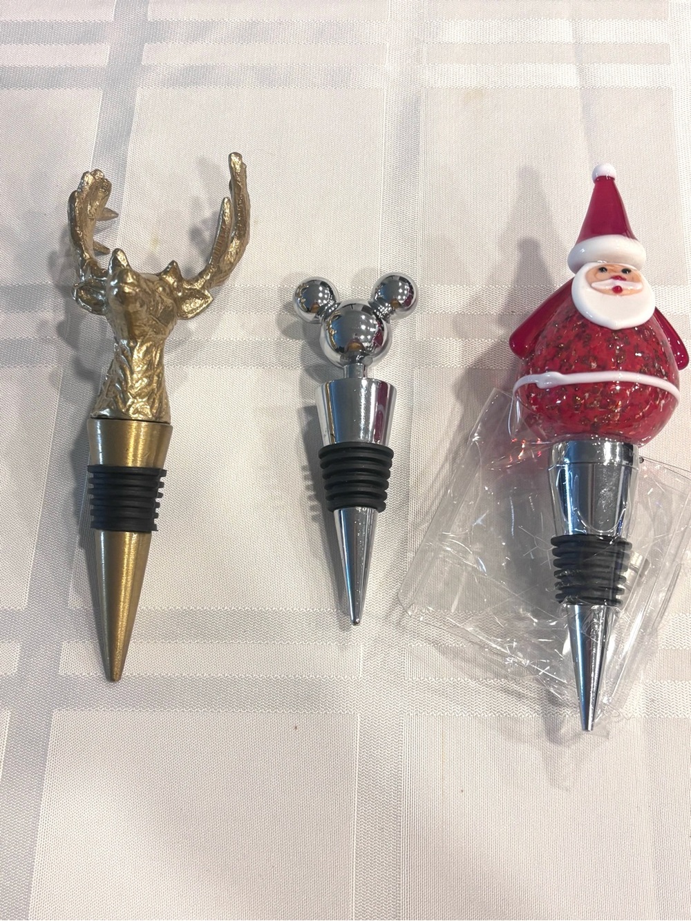 Decorative Holiday Bottle Stoppers Set - Gold Deer, Mickey Mouse, LED Red Santa